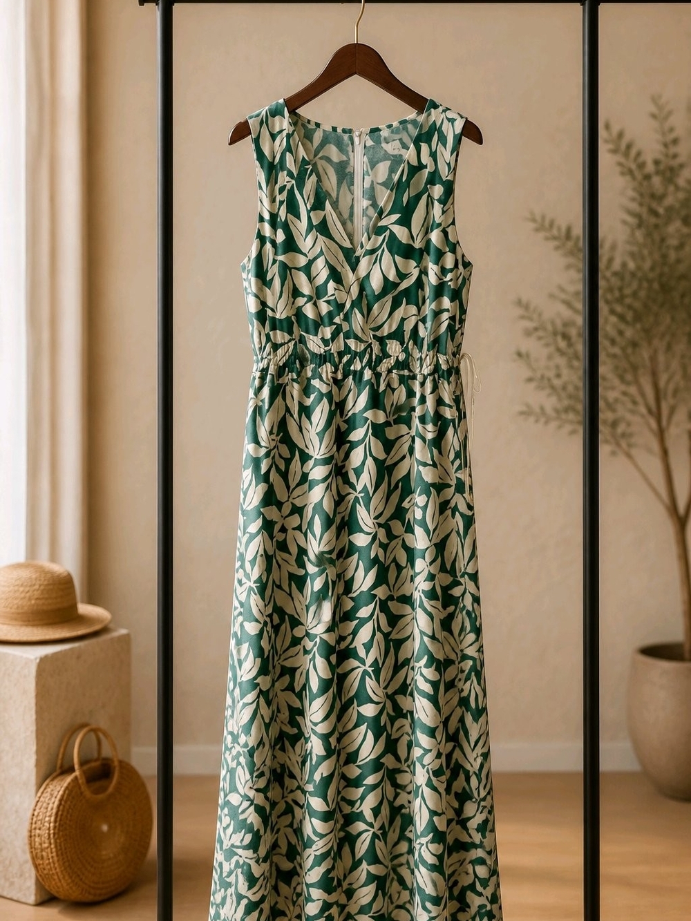 Sleeveless Green Leaf-Print Romper